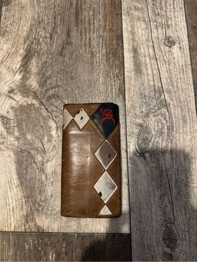 Hooey Brown Leather Tri-Fold Wallet with White Hair-On Hide Accents and Red Logo